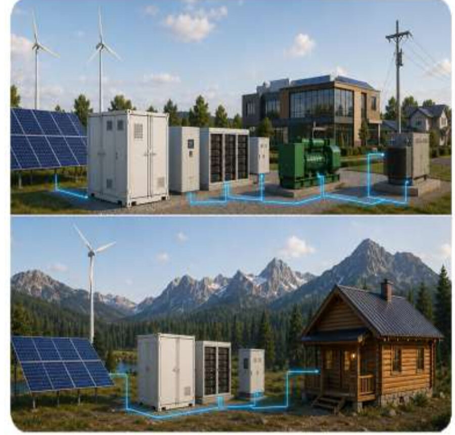 Off-grid microgrid with solar panels, wind turbine and battery storage powering a remote cabin